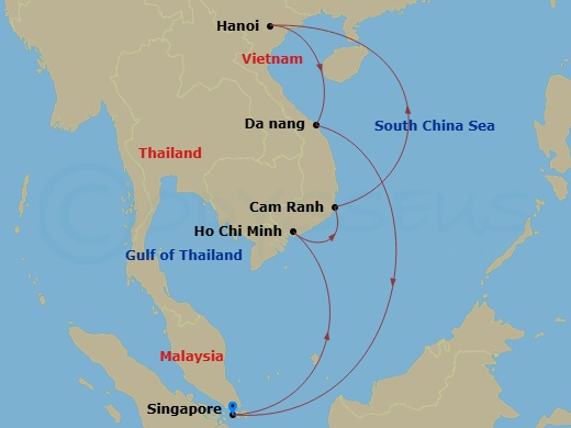 Route map for the Vietnam with Halong Bay voyage, roundtrip from Singapore.
