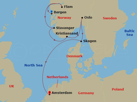 Route map for the Viking Shores and Fjords voyage, sailing from Bergen, Norway to Amsterdam, Netherlands.