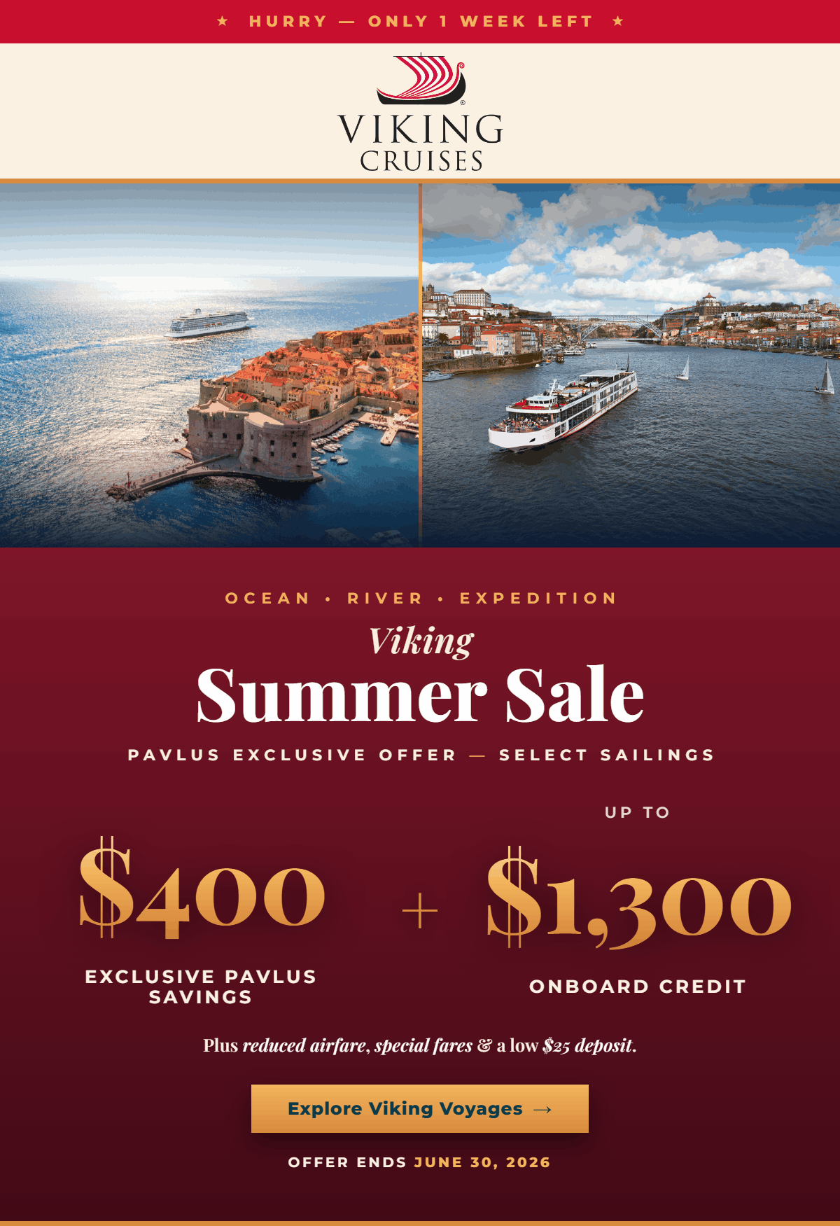 Viking Summer Sale - FREE and Reduced International Airfare, Up to 30% Off Ocean voyages and a $25 Deposit on select 2026-2027 Viking River and Ocean sailings. Expires June 30. Plus extra Pavlus onboard credit. No service fees ever.