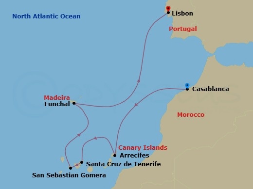 Route map &mdash; Casablanca to Lisbon
