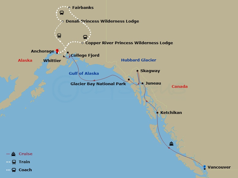 Route map for the Voyage of the Glaciers Grand Adventure, Vancouver to Anchorage.