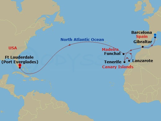 Route map for the Western Europe Passage voyage, Barcelona to Fort Lauderdale.