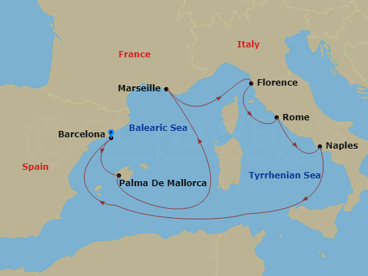 Western Mediterranean route map &mdash; roundtrip Barcelona aboard Legend of the Seas