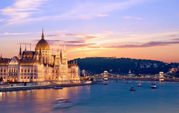 Hungarian Parliament and the Chain Bridge on the Danube at sunset
