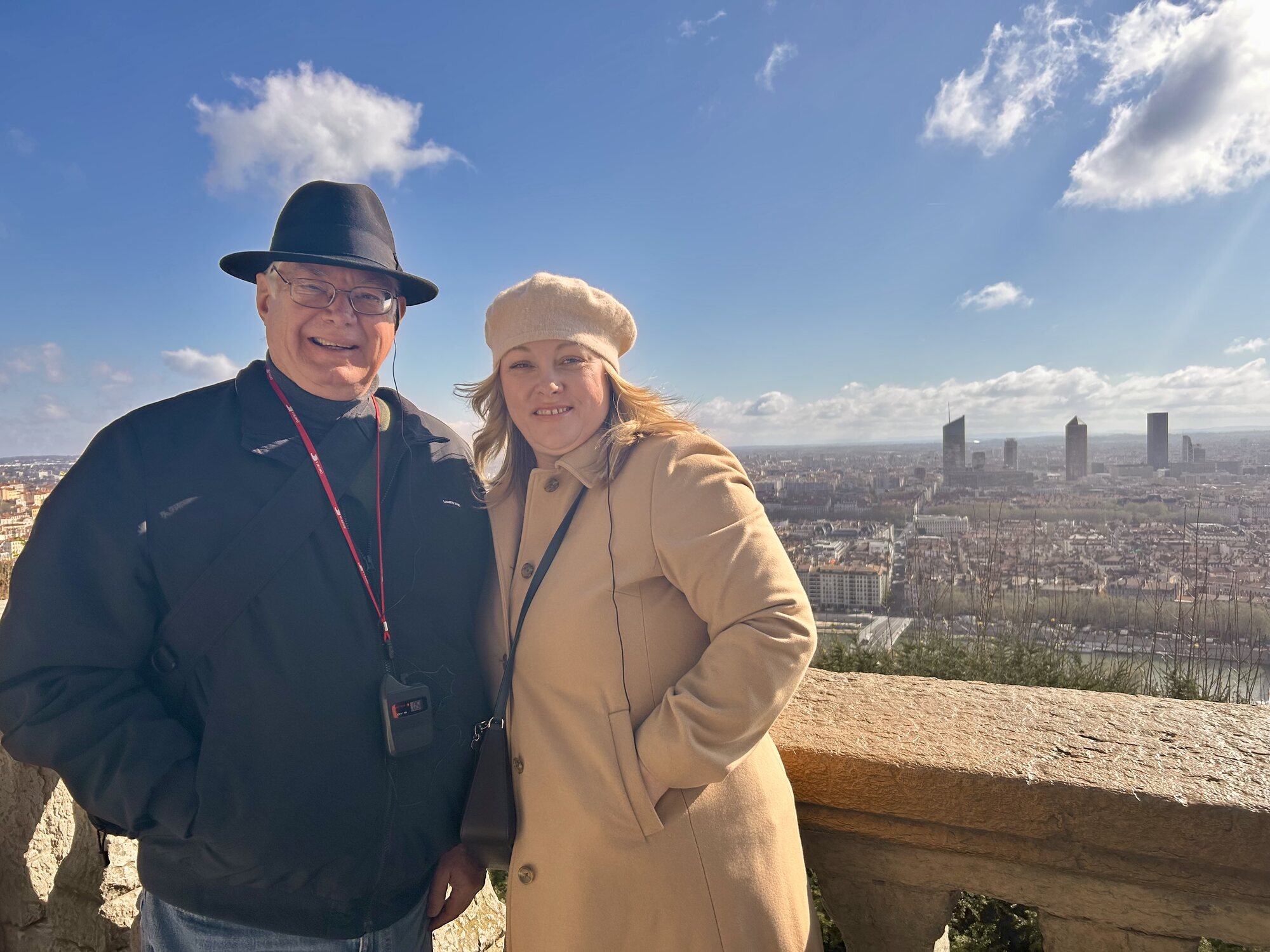 Sarah and her father Lewis overlook the city of Lyon from the terrace of the Basilica of Notre-Dame de Fourvière
