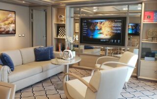 Living area of an Owner's Suite on Silversea's Silver Dawn. Photo by Susan J. Young.