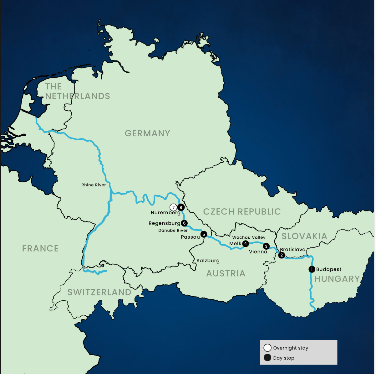 Danube Budapest to Nuremberg Christmas Markets itinerary map